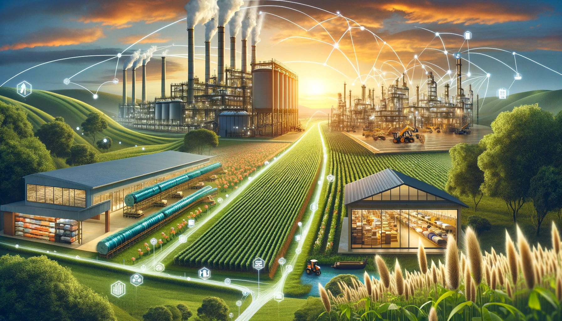 DALL·E 2024-02-01 10.09.10 - Create a wide and realistic image that illustrates the journey of a textile product from the field to the factory and finally to the store. The image