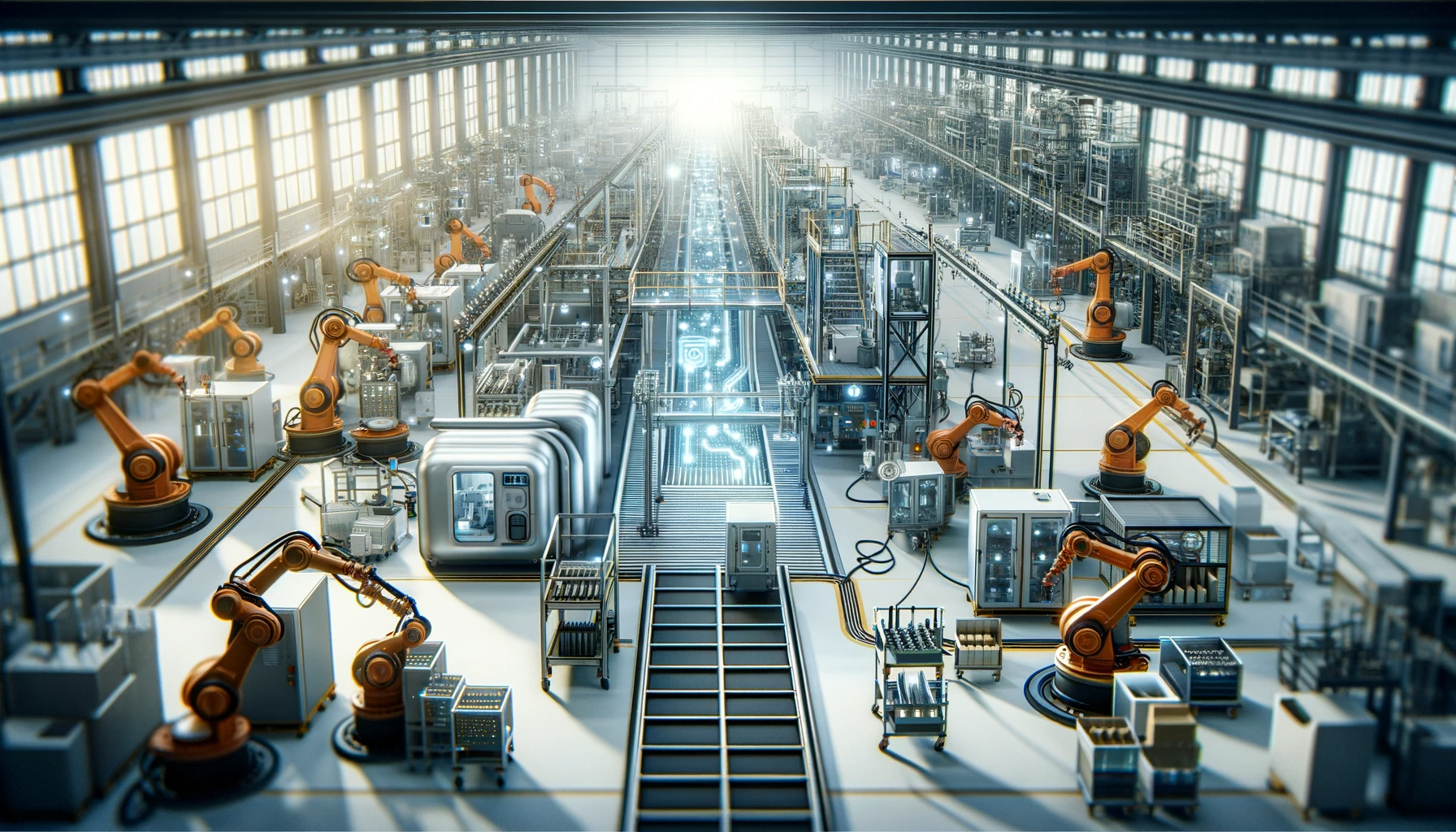 DALL·E 2024-02-01 10.10.17 - Create a wide image of a modern production line within a factory setting. The production line should be in operation, with various machinery and robot