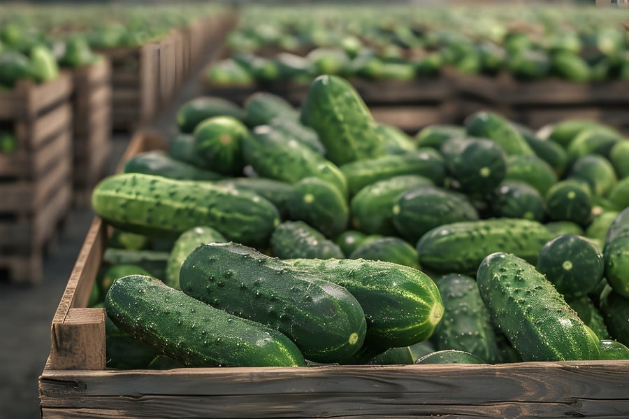 Cucumber harvested in wooden boxes