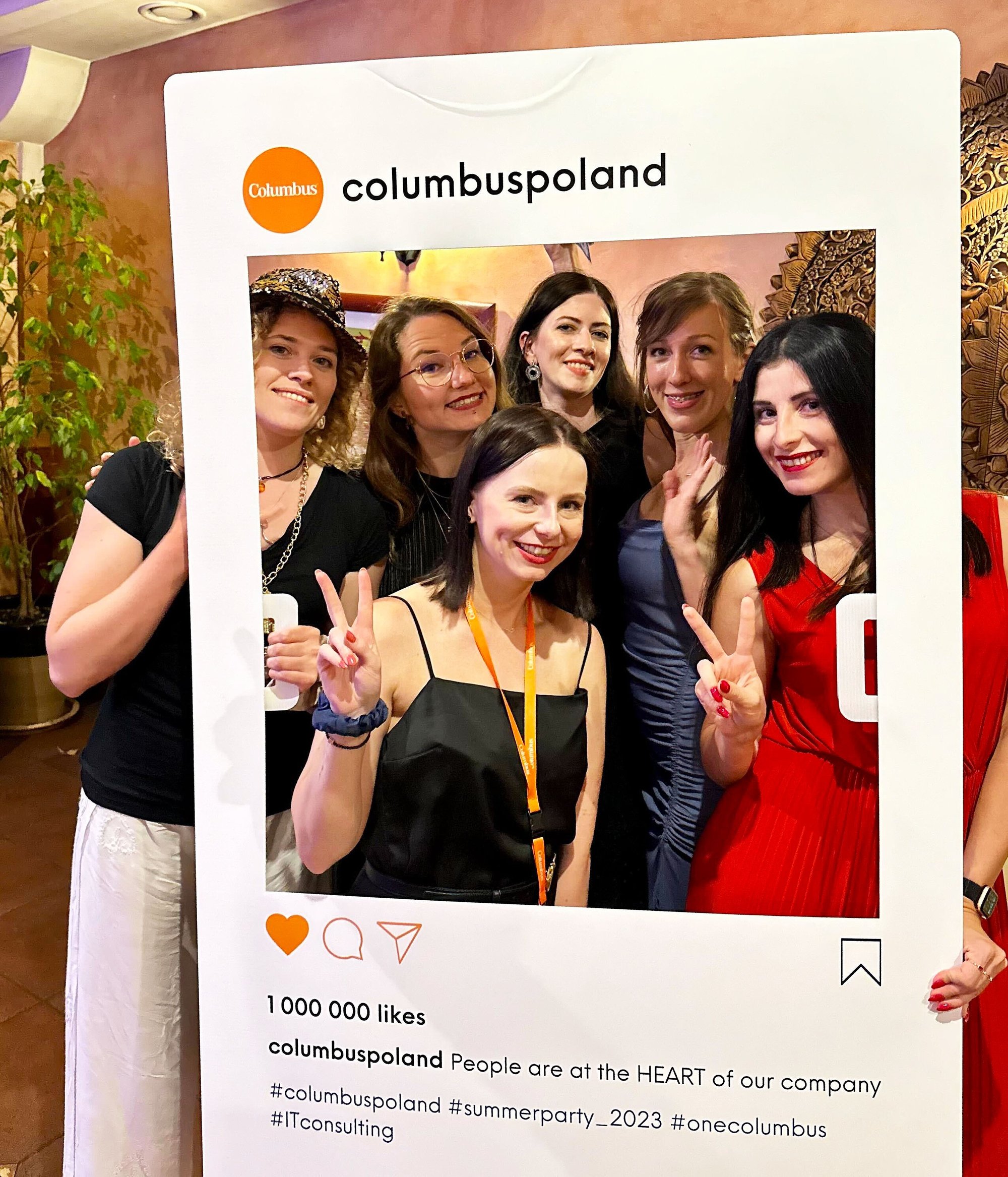 six pretty girls standing and smiling inside a frame resembling an instagram post