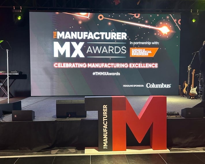 Main screen at The Manufacturer MX Awards ceremony 2024 showing The Manufacturer logo and Columbus headline sponsor.