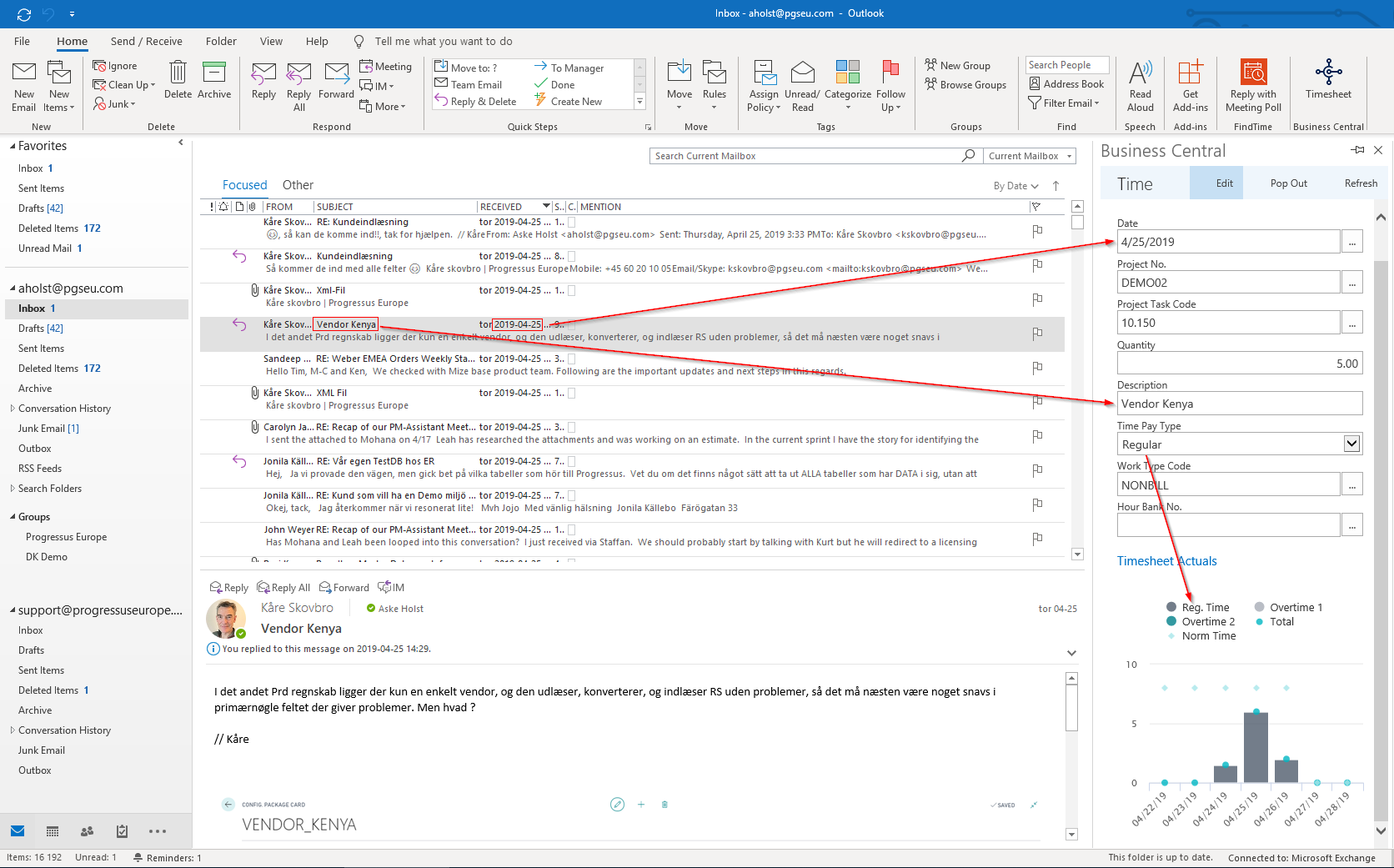 Record time entry via email or calendar