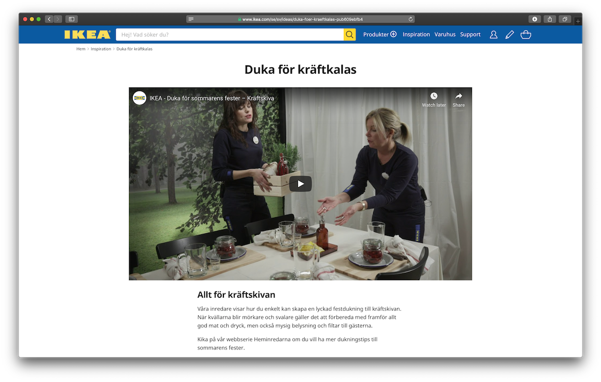 Ikeas inspirationssida "Duka för kräftkalas"